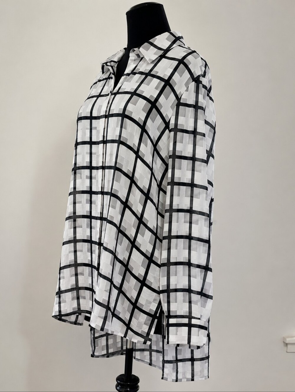 Samuel Dong Sheer Windowpane Button-Up Tunic Blouse – Size XL